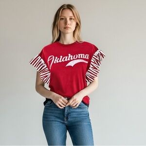 Oklahoma Red Women's Tee with Red and White Stripe Ruffle Sleeves